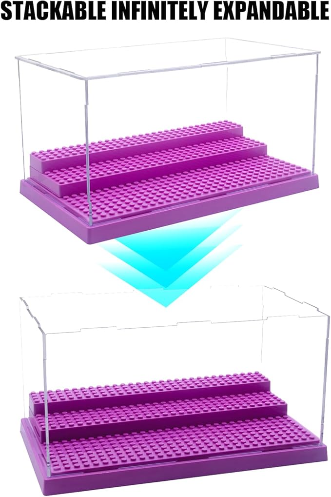 WMM Minifigure Display Case for Action Figures Blocks, Dustproof Acrylic Display Box Storage with 3 Movable Steps for Collection Models Minifigures, Bricks Blocks Toys