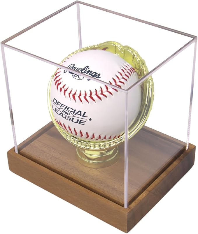 Gold Glove Baseball Display Case Holder Walnut Wood by Display Zone – Clear Homerun Cube Keepsake Box for Signed, Autograph, and Game Balls - Real Walnut Wooden Base