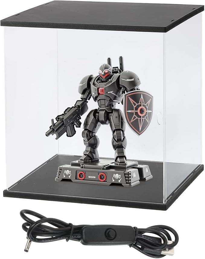 MECCANIXITY Clear Display Case, Acrylic Figure Display Case Clear Display Boxes for Collectibles, Figures Model Toys Home Storage(with Square LED Light, 10x10x15 Inch Black Base)