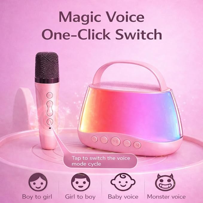 Kids Karaoke Machine with 2 Wireless Microphones, Bluetooth Speaker with Voice Changer & LED Lights, Portable Singing Toy Gift for Boys & Girls Ages 3–12