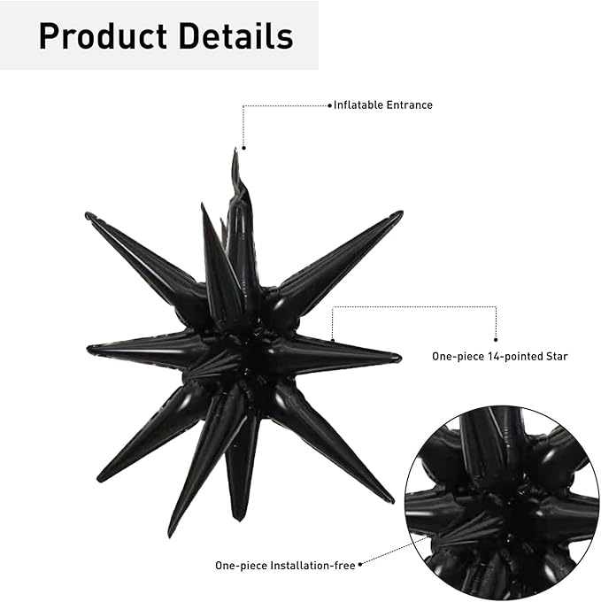 6 Pcs Black Star Foil Balloons One-Piece 14-Pointed Star Balloon 4D Starburst Cone Mylar Balloon 22inch Christmas Birthday Wedding Wedding Anniversary Party Supplies(Black)