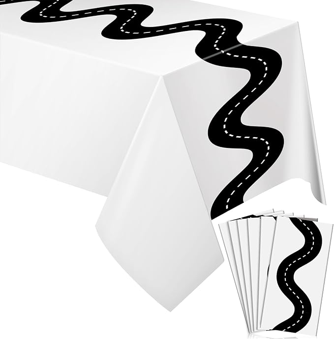 Irenare 6 Pcs Racing Table Cloths Car Birthday Party Supplies 54 x 108 Inch Racetrack Table Runner Covers Disposable Rectangular Road Tablecloth for Kids Boy Car Theme Birthday Party Decor (White)