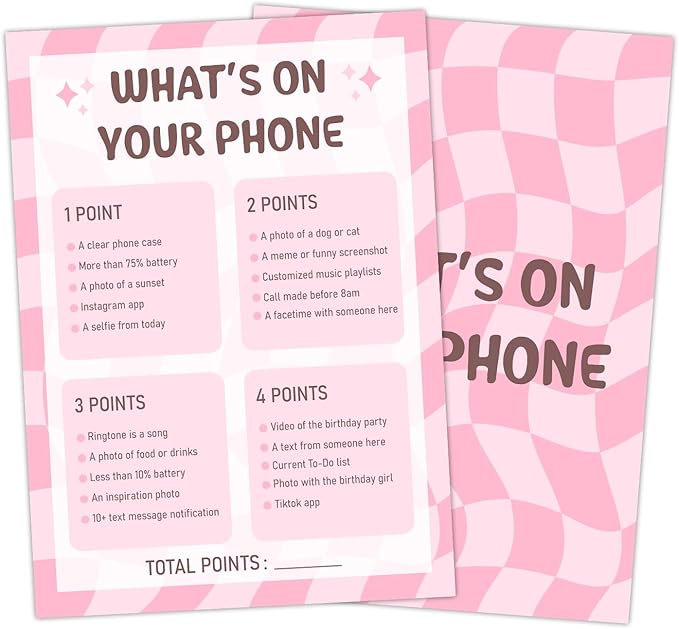 Birthday Party Games Cards - What's On Your Phone, Pink Bday Party Games for Teen Girl Adult, Set of 20 pcs Cards, Birthday Party Favor Activity Sleepover Party Decor Supplies - FS265