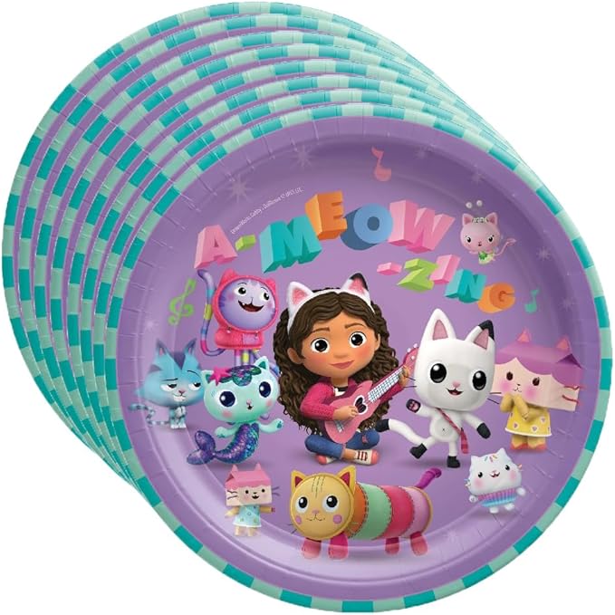 Gabbys Dollhouse Birthday Party Supplies Bundle includes 24 Lunch Paper Plates, 32 Paper Napkins, 2 Plastic Table Cover, 1 Dinosaur Sticker Sheet