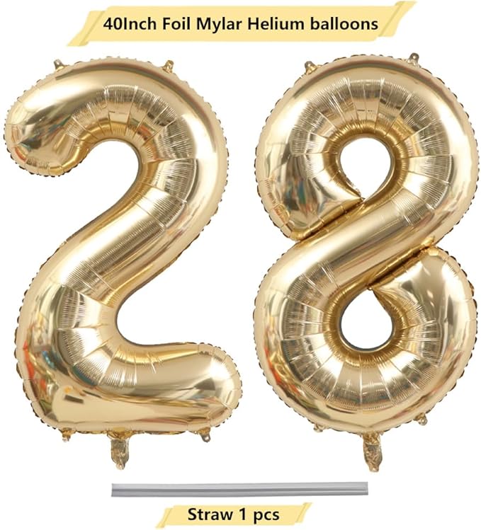 40 Inch Light Gold 28 Numbers Balloons White Gold Giant 28 Foil Mylar Helium Large Digital Balloon Champagne Gold Birthday Jumbo Balloons 28th or 82nd Anniversary Events Party Decorations Supplies