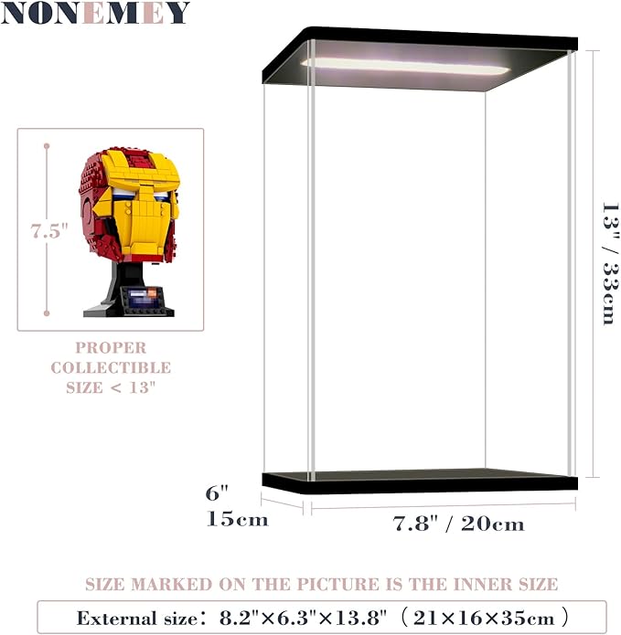 NONEMEY Acrylic Display Case with Led Light for Lego，Assemble Clear Acrylic Display Case Stand Dustproof Protection Showcase Organizer Box for Action Figures(7.8x6x13inch,20x15x33cm)
