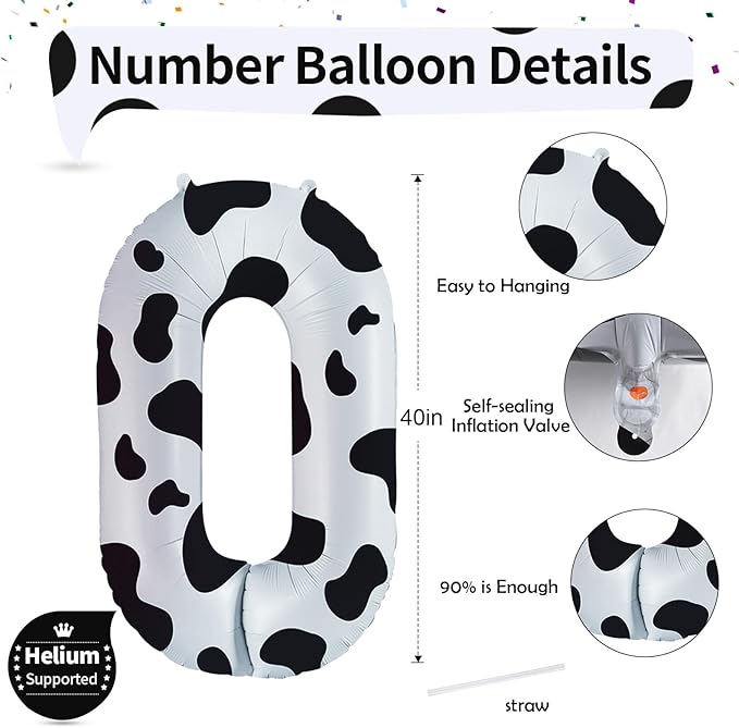 Cow Print Number Balloons for Kids, 40 Inch Foil Helium 0-9 Set Balloons, Self Inflating Big Number 0 Balloon for Boys Girls Birthday Farm Animal Theme Cowboy Cowgirl Theme Party Decoration Supplies