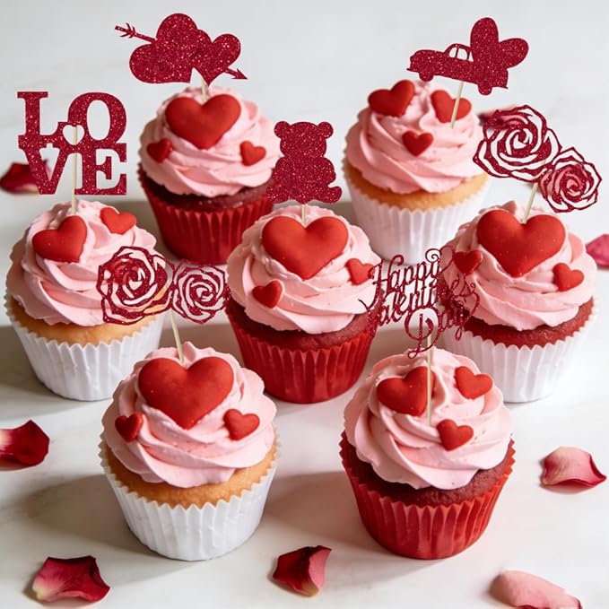 Valentines Cupcake Toppers, 24 PCS Happy Valentines Cupcake Toppers, Glitter Red Heart Love Bear Cupcake Picks Food Picks Toppers Cake Decorations for Valentine's Day Party Decorations Supplies