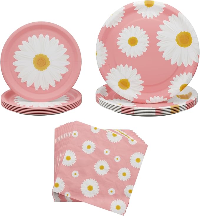Blue Orchards Daisy Party Plates and Napkins (52 pieces for 16 Guests) - Boho Decorations, Baby Shower, Sunny and Floral Party Supplies, Theme Birthday