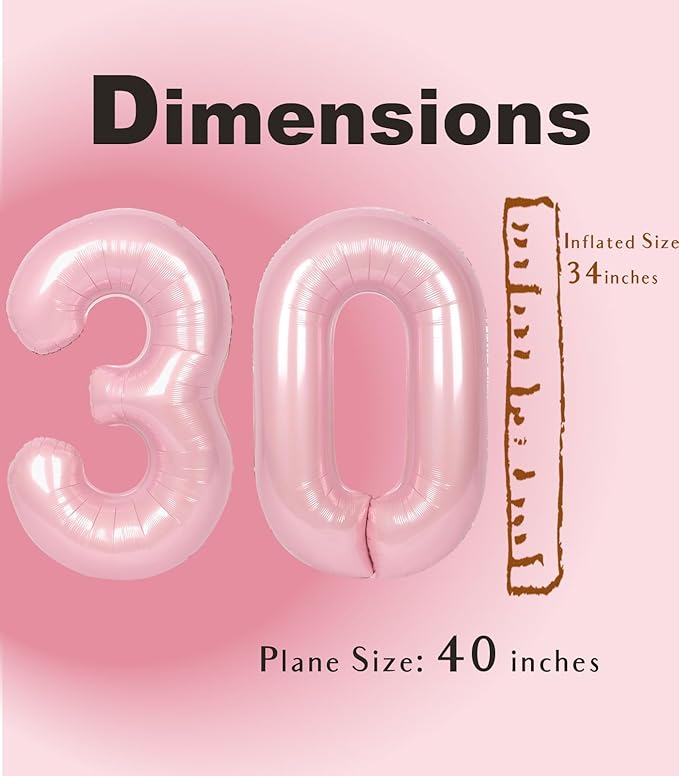 SUWEN 40 Inch Large Pink 30 Balloon Numbers Big Foil Helium Number Balloons 0-9 Jumbo Happy 30th Mylar Birthday Party Decorations for Women Anniversary Party Supplies