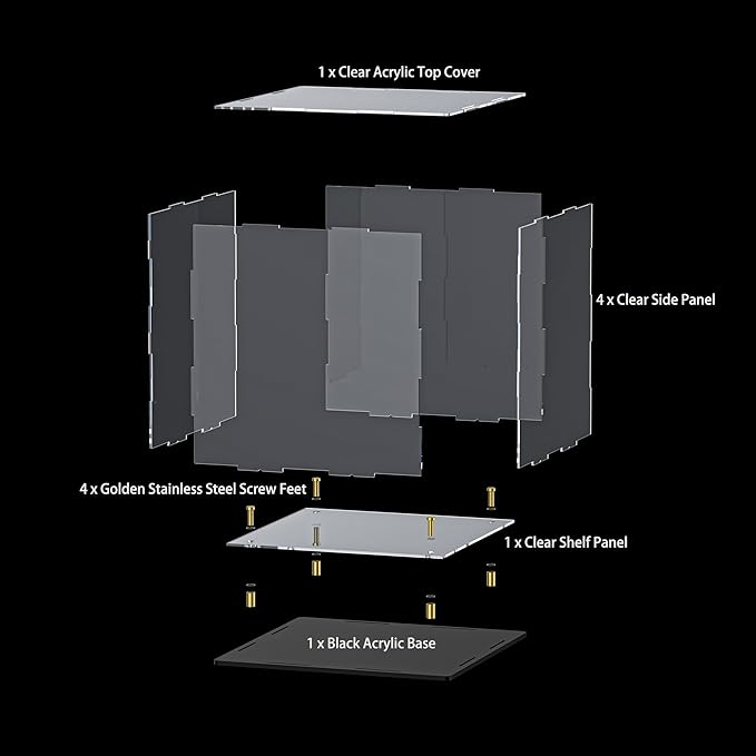 Acrylic Display Case for Collectibles, Dustproof Acrylic Box with Clear Display Elevation & Gold Risers, Large Display Case for Figures Toys Memorabilia, 10" L x 10" W x 10" H