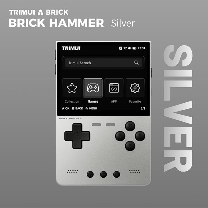 TRIMUI Brick Hammer Retro Handheld Game Console – Metal CNC Aluminum Alloy Body, 3.2" IPS Screen, 8GB Storage, Expandable to 1TB, Built-in 3000mAh Battery (Silver-No Card)