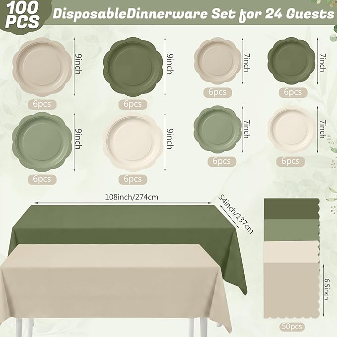 LemonRoad 100 Pcs Nude Sage Green Paper Plates Napkins and Plastic Tablecloth Set for 24, Gradient Green Tan Disposable Dinner Dessert Plate for Baby Shower Birthday Wedding Party Decoration Supply