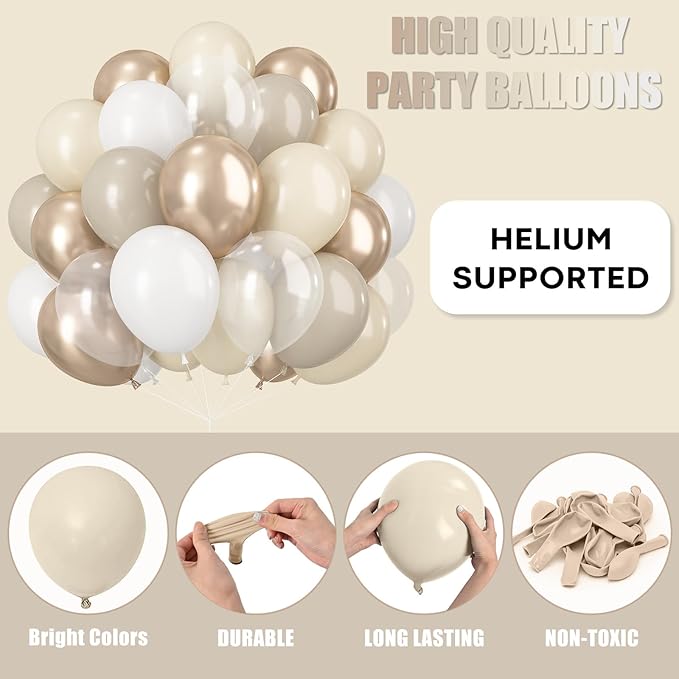 Beige White Gold Balloons, 60PCS Nude Metallic Champagne Gold Cream White Clear Balloon Ivory White Sand Transparent Neutral Balloons for Birthday Boho Wedding Anniversary Engagement Party Decoration