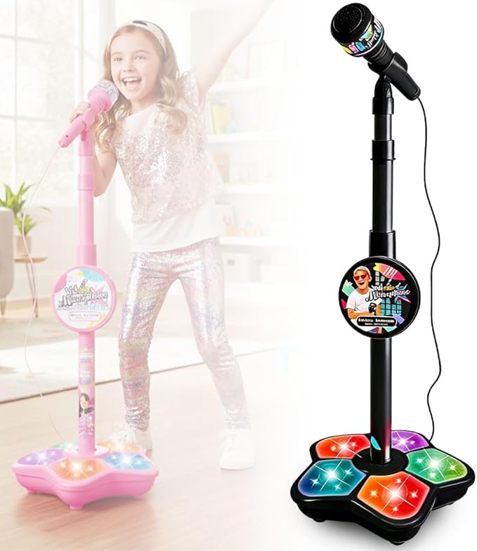 Microphone with Stand, 2026 New All in One Microphone Toy, Colorful Lights with Adjustable Height for Birthday Parties Singing (Black)
