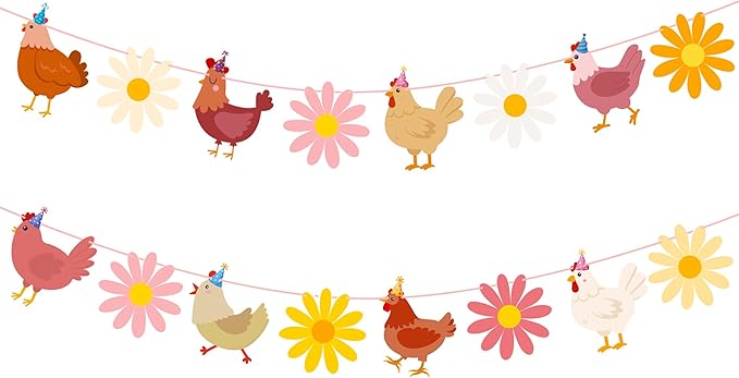Chicken and Daisy Banners Chicken Birthday Party Decorations 2PCS Chick Hen Boho Flower Cutout Banner Farm Theme Decor for The Chick is One Birthday Party Supplies
