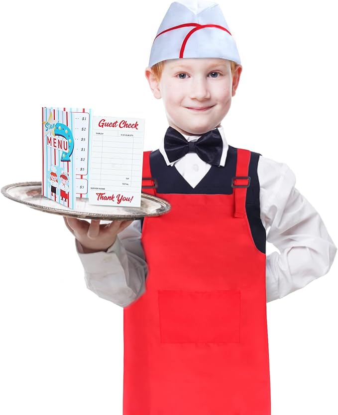 Kids Waiter Costume Set Vendor Costume Kit 6 Pcs Hat Apron Bow Tie Gloves Cards For Halloween Pretend Play Dress Up