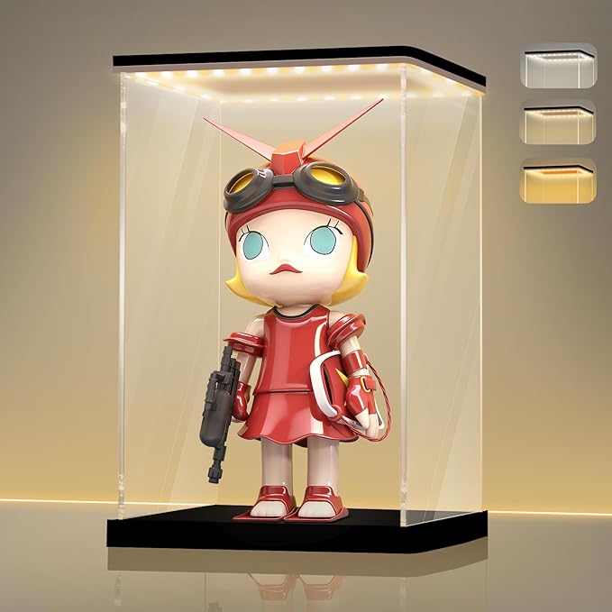 LANSCOERY Acrylic Display Case with Adjustable Yellow/White/Warm LED Light, UV Protection Clear Display Box, Dustproof Showcase for Action Figures, Models, Collectibles - 9.8x6x13.8inch