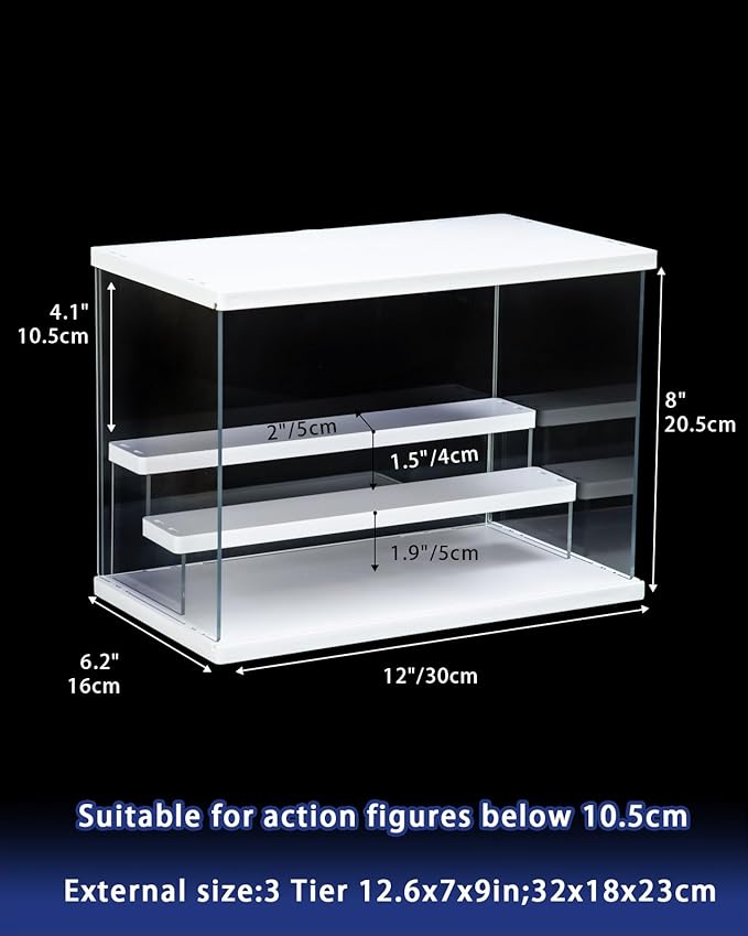 Clear Acrylic Display Case with Light , 3 Tier Display Box Stand Assembly Dustproof Protection Showcase for Collectibles Action Figures (White 12.6×7×9in; 32×18×23cm)