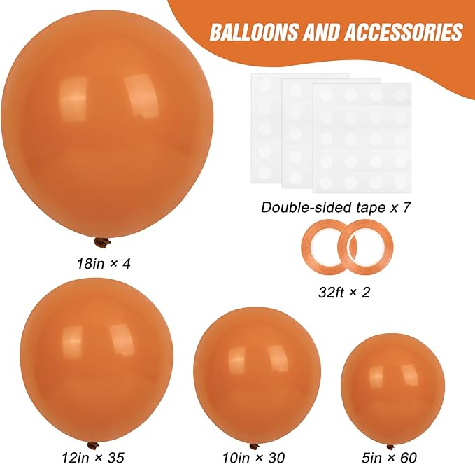 RUBFAC Burnt Orange Balloons 129pcs Different Sizes Pack of 18 12 10 5 Inch, Latex Terracotta Balloon Garland Arch Kit for Fall Thanksgiving Halloween Wedding Birthday Party Decoration