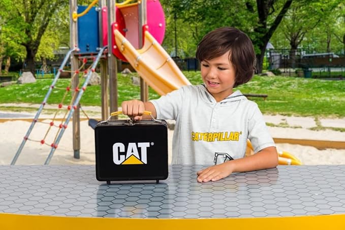 CAT Construction Toys, Store N Go Playset - Tin Travel Case Transforms into Multi-Level Worksite, Includes 2 Little Machines Vehicles & 10 + Accessories, Portable STEM Toy for Kids Ages 3 +