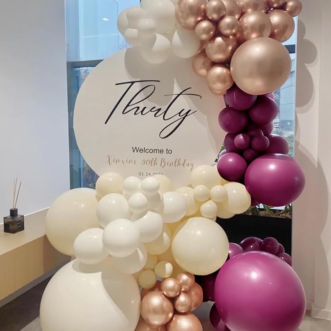Plum Purple White Gold Balloon Arch Kit, 155Pcs Dark Mauve White Sand Rose Gold Balloons Garland for Boho Baby Shower Birthday Wedding Party Decoration