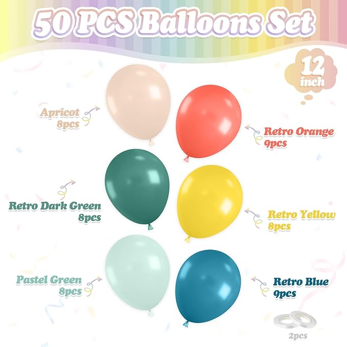 FunHot Colorful Balloons, 50 Pcs Boho Balloons, 12 Inch Retro Orange Green Yellow Apricot Latex Balloon, Rainbow Helium Balloon for Birthday Wedding Baby Shower Son Boho Summer Party Decorations