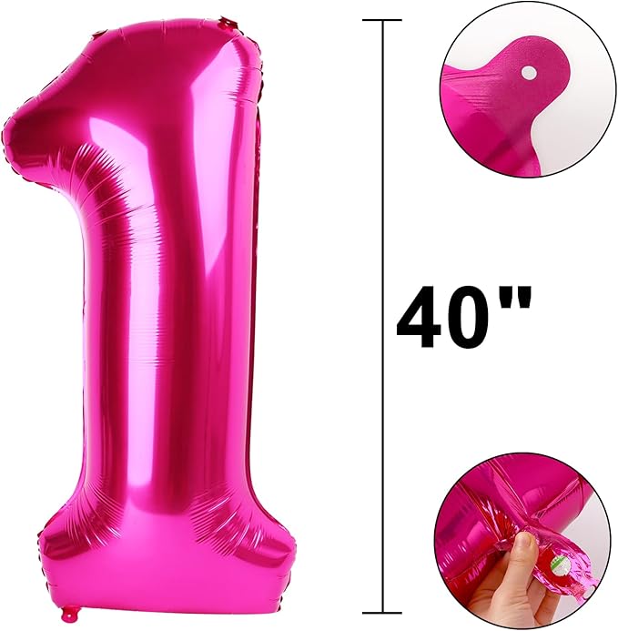 Hot Pink Number 1 Balloon 40 Inch,Rose Red Jumbo Giant Mylar Number 1,Foil Helium One Number Balloons, Balloons for 10 11 12 21st 100 Birthday Party Decorations Supplies Anniversary Celebration