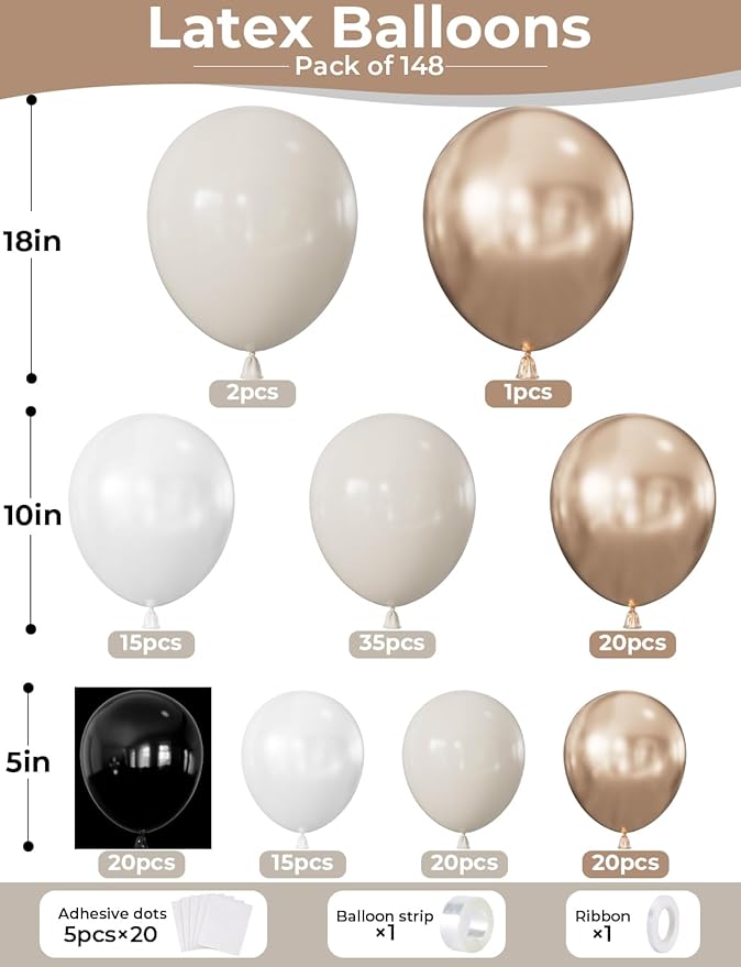 Neutral Balloon Garland Arch Kit, 148 Pcs Sand Pearl White Metallic Champagne Gold Balloons with Clear Balloons for Birthday, Bridal Shower, Baby Shower, Gender Reveal, Boho Wedding Decor