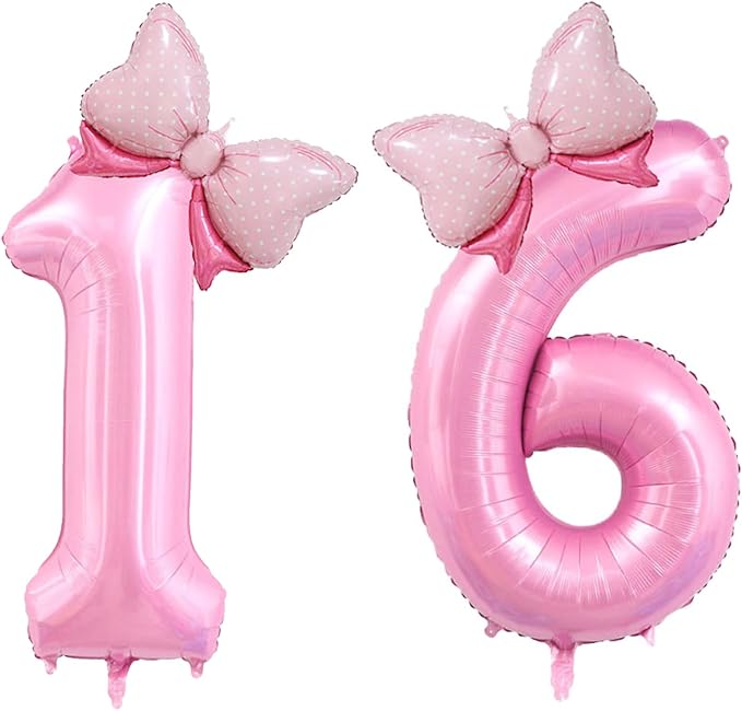 40 inch Number 16 Balloon with Bow Pink Happy Birthday Jumbo Number Balloons for Girls Daughter Birthday Decorations Party Supplies (Pink Number 16)