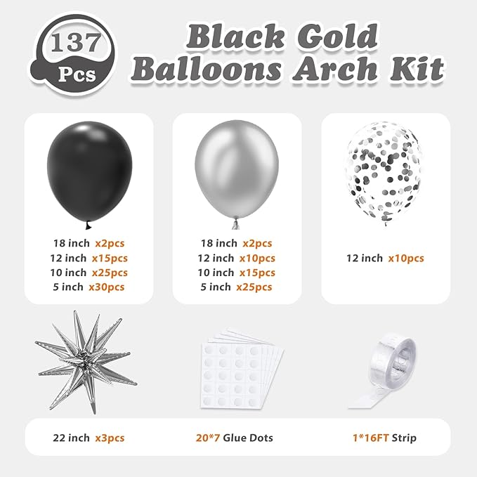 137Pcs Black and Silver Balloons Garland Arch Kit with Stars - 5 10 12 18 inch Black Silver Confetti Latex Party Balloons for 2025 Graduation Retirement Birthday Anniversary