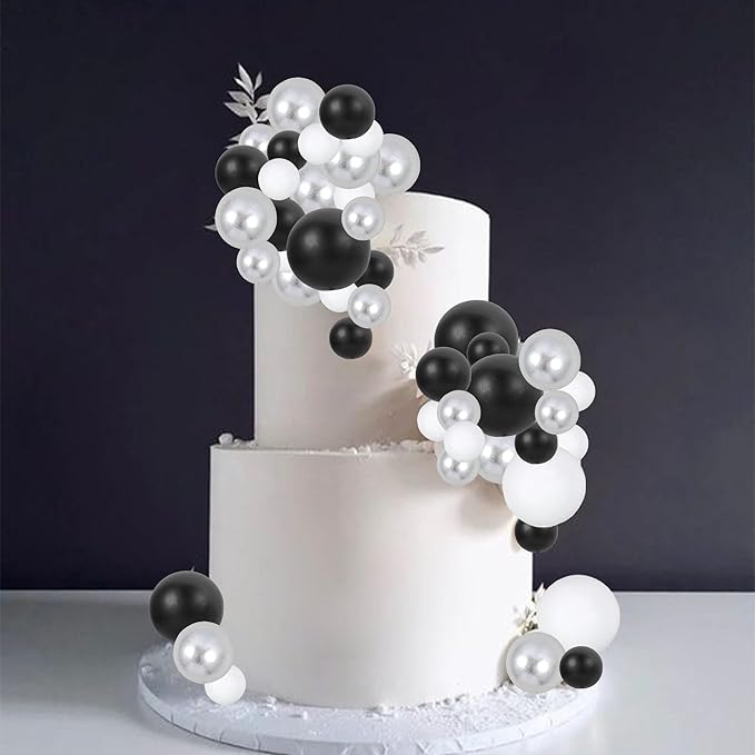 Gyufise 30Pcs Balls Cake Toppers Ball Picks Ball Shaped Cupcake Toppers Foam Balls Cake Topper Mini Balloons Cake Decorations for Wedding Baby Shower Birthday Party Supplies Black White Silver