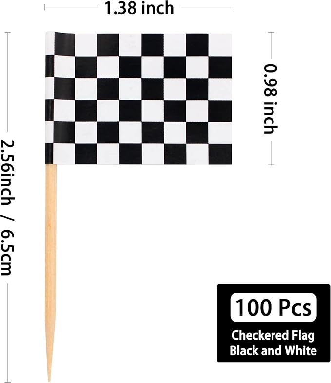 BLUE TOP 100 Pcs Checkered Black and White Racing Stick Flag,Small Toothpick Mini Stick Cupcake Toppers Picks Party Decoration Olympic Games Celebration Cocktail picks for Party Bar Sport events.