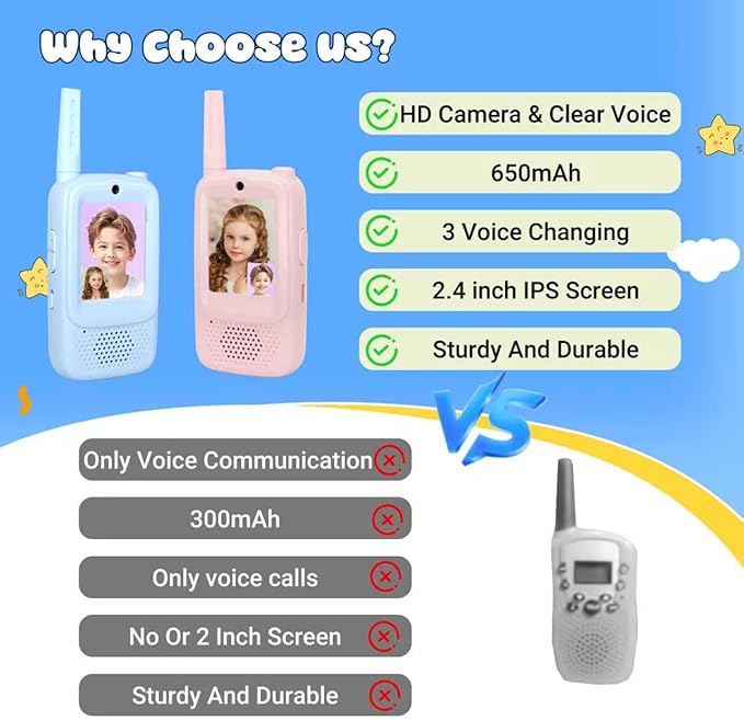 Video Walkie Talkies for Kids Ages 3-12, 2 Pack Rechargeable Walkie Talkie Toys with Screen & 4 Voice Changers, Long Range Two Way Radios for Indoor Outdoor Games, Birthday Gifts for Boys