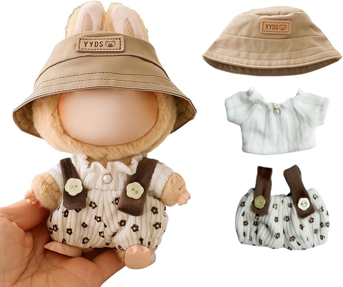 Clothes for Lu bubu 17cm Dolls Accessories(No Doll), Cute Outfit Set 3 Pieces Bib Pants Suitable for 17cm Doll Suit, Stylish Dress Up Overalls Doll Clothing Set Replacement with Hat Clothes Beige