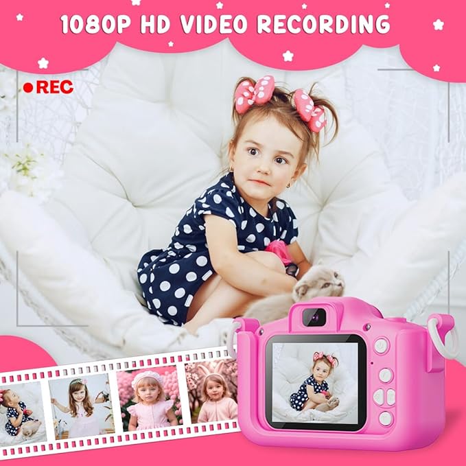Wembley Kids Camera 3–8 Years | Unicorn Digital Selfie & Video Camera 1080P | Rechargeable Toddler Camera with Games | 32GB Card Included | Silicone Cover | Cute Birthday Gift for Girls & Boys - Pink