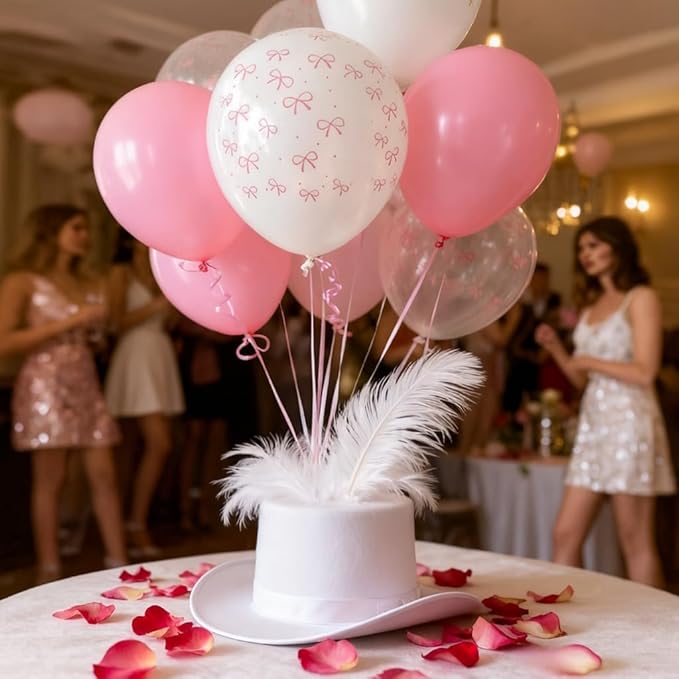 Bow Balloons, 50Pcs 12 Inches Pastel Light Clear White Pink Balloons for Girls Women Pink Birthday Party Bachelorette Bridal Engagement Bow Theme Wedding Anniversary Supplies