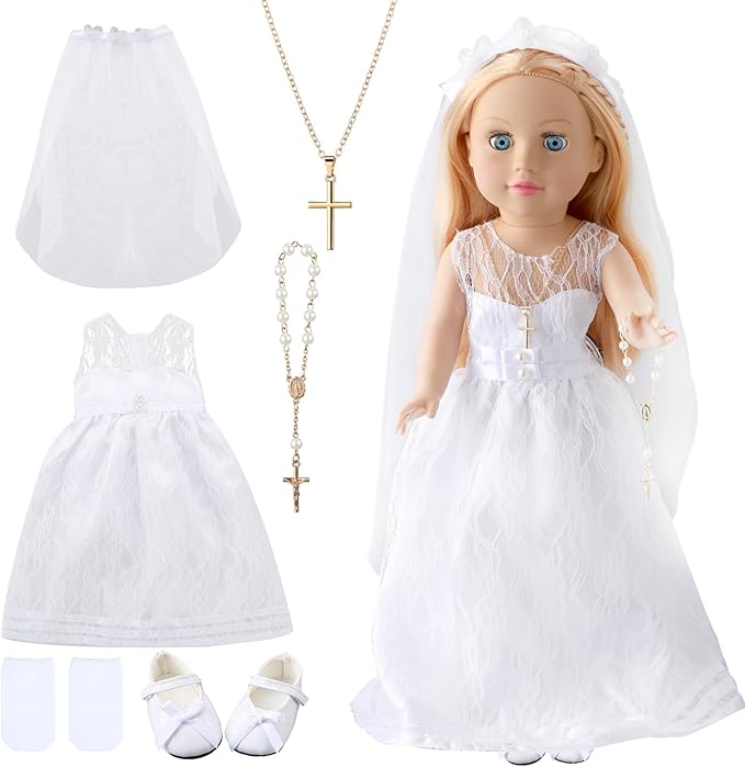 7 Pcs 18 Inches American Doll Clothes Outfit First Communion Dress with Matching Headband Veil Bracelet Shoes Socks Necklaces Fit 18 Inches Dolls, Doll Not Included (Veil)