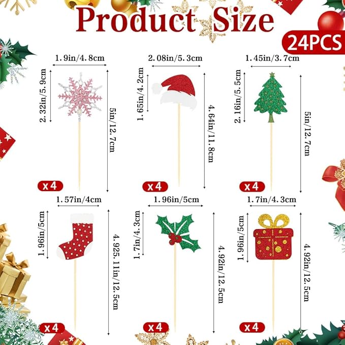 Christmas Cupcake Toppers Cake Decorations, 24 PCS Merry Christmas Cake Topper, Glitter Stockings Snowflake Xmas Tree Decorative Cupcakes Ficks Food Picks for Xmas Holiday Party Decoration Supplies