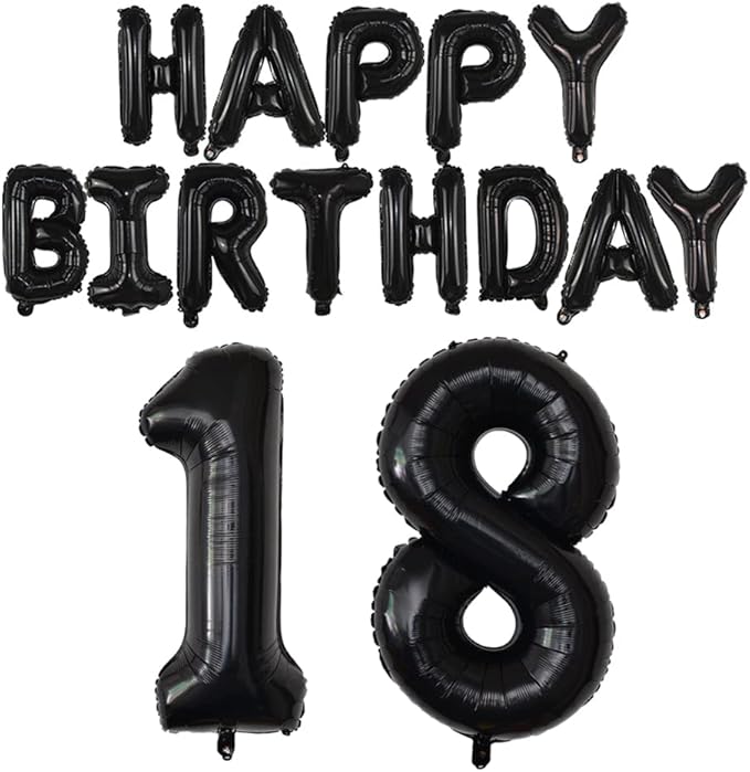 Happy Birthday Balloon Banner 40 inch 18 Balloon Number 16 Inch Happy Birthday Letters Balloons Black Foil Mylar Balloons for 18th Birthday Decorations Party Supplies