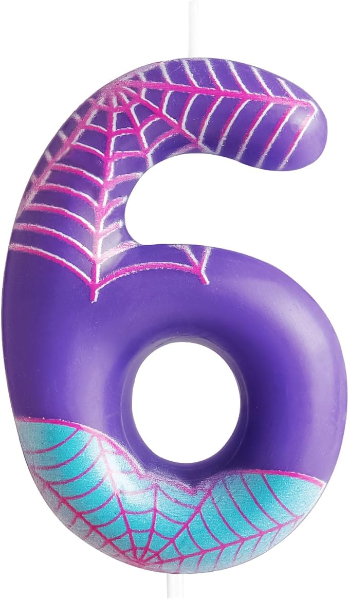 Purple Spider 6th Birthday Candles Spider Themed Number 6 Candle Cake Topper Spider Cartoon Birthday Cake Decorations for Boys Girls Kids Party Supplies
