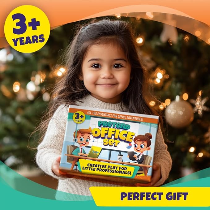 Pretend Play Home Office Set for Kids Ages 3-5-7 | Features Toy Laptop Computer, LCD Writing Tablet, Pop Fidget Calculator, Cell Phone, Headset & Toddlers Beverage Cup