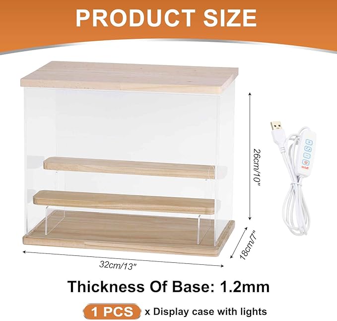 MECCANIXITY Clear Display Case, 3 Layer Acrylic Figure Display Case Clear Display Boxes for Collectibles, Figures Model Toys Home Storage(with Square LED Light, 13x7x11 Inch Wood Base)