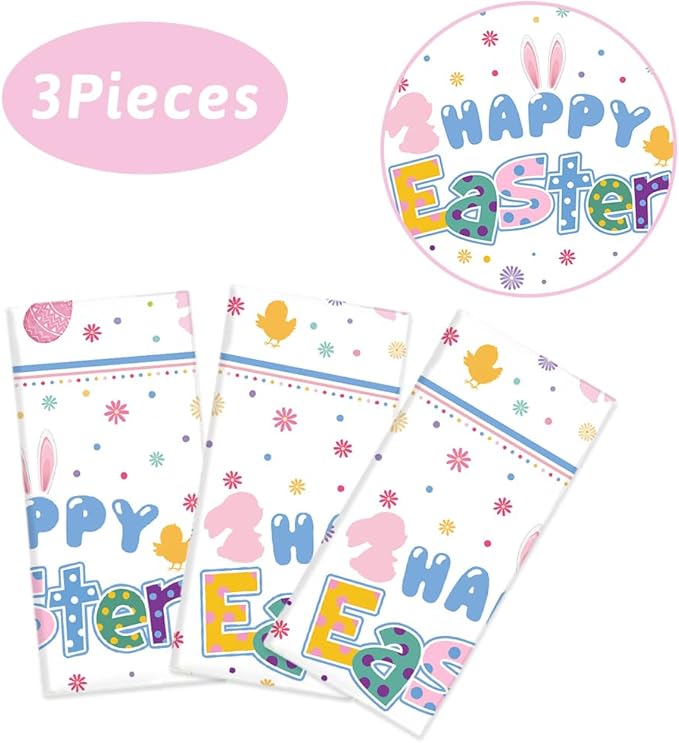 3 Pcs Easter Bunny Tablecloth Decorations Happy Easter Decorations Colorful Rabbit Eggs Spring Plastic Tablecloth Family Table Cover 108 x 54 Inch