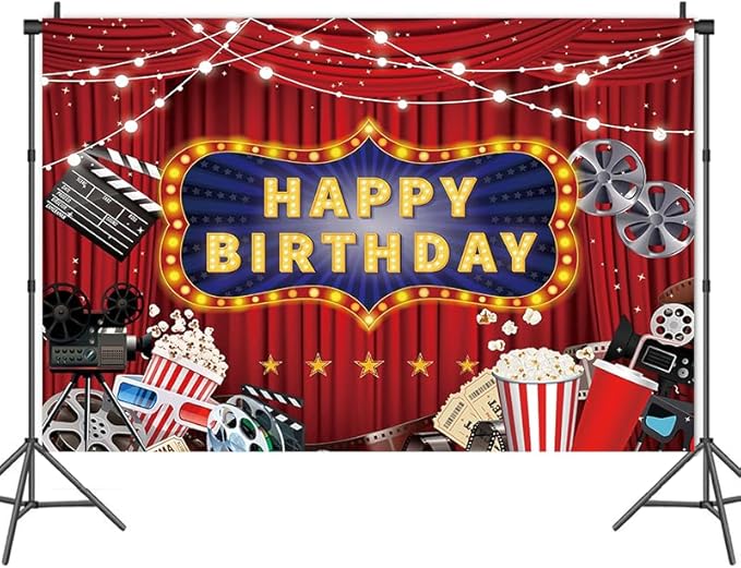 Movie Night Happy Birthday Backdrop Decorations Banner Movie Night Photo Background for Home Indoor Outdoor Birthday Party Decorations Supplies 70.8 x 47.2 Inch
