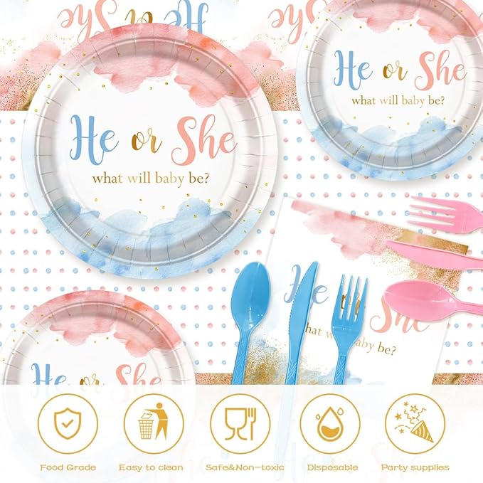194 PCS Gender Reveal Decorations Gender Reveal Paper Plates Cups and Napkins Sets He or She Baby Shower Party Supplies Pink and Blue Disposable Tableware Set with Tablecloth Serves 24 Guests