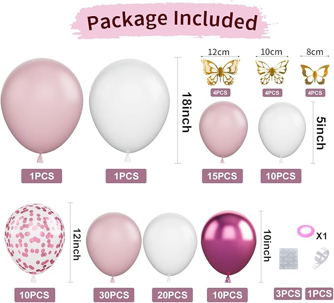 Pink and White Balloon Arch Garland Kit, Pink White Metallic Magenta Confetti Latex Balloons and Butterfly Accessories for Baby Shower Wedding Birthday Anniversary Party Decorations