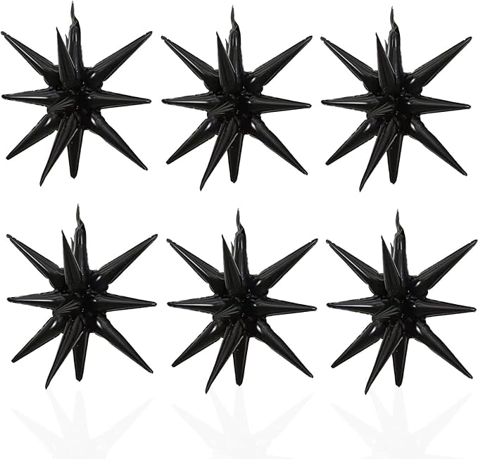 6 Pcs Black Star Foil Balloons One-Piece 14-Pointed Star Balloon 4D Starburst Cone Mylar Balloon 22inch Christmas Birthday Wedding Wedding Anniversary Party Supplies(Black)