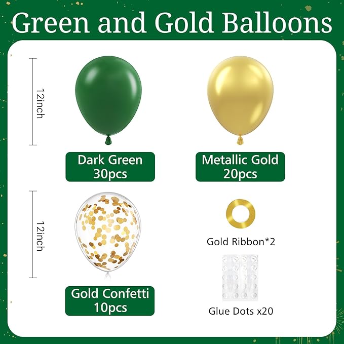 Green and Gold Balloons, 60pcs 12 Inch Metallic Chrome Gold Dark Green Balloon Latex Balloons for Wedding Graduation Jungle Birthday Party Decorations