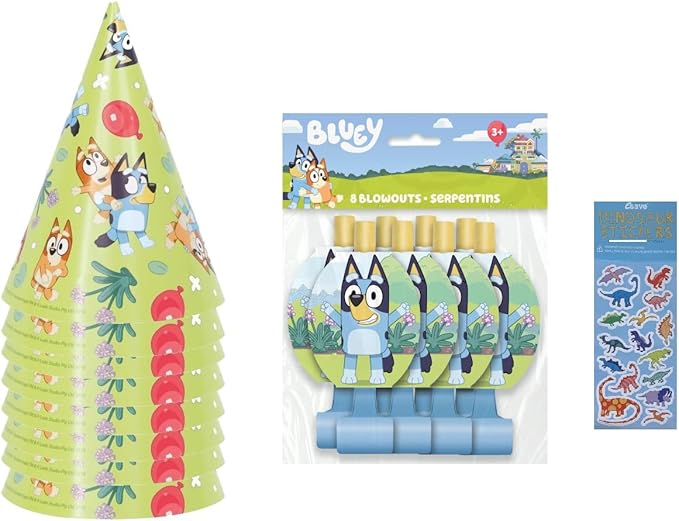 Unique Bluey Birthday Party Supplies Bundle includes 8 Party Hats, 8 Blowouts and 1 Dinosaur Sticker Sheet